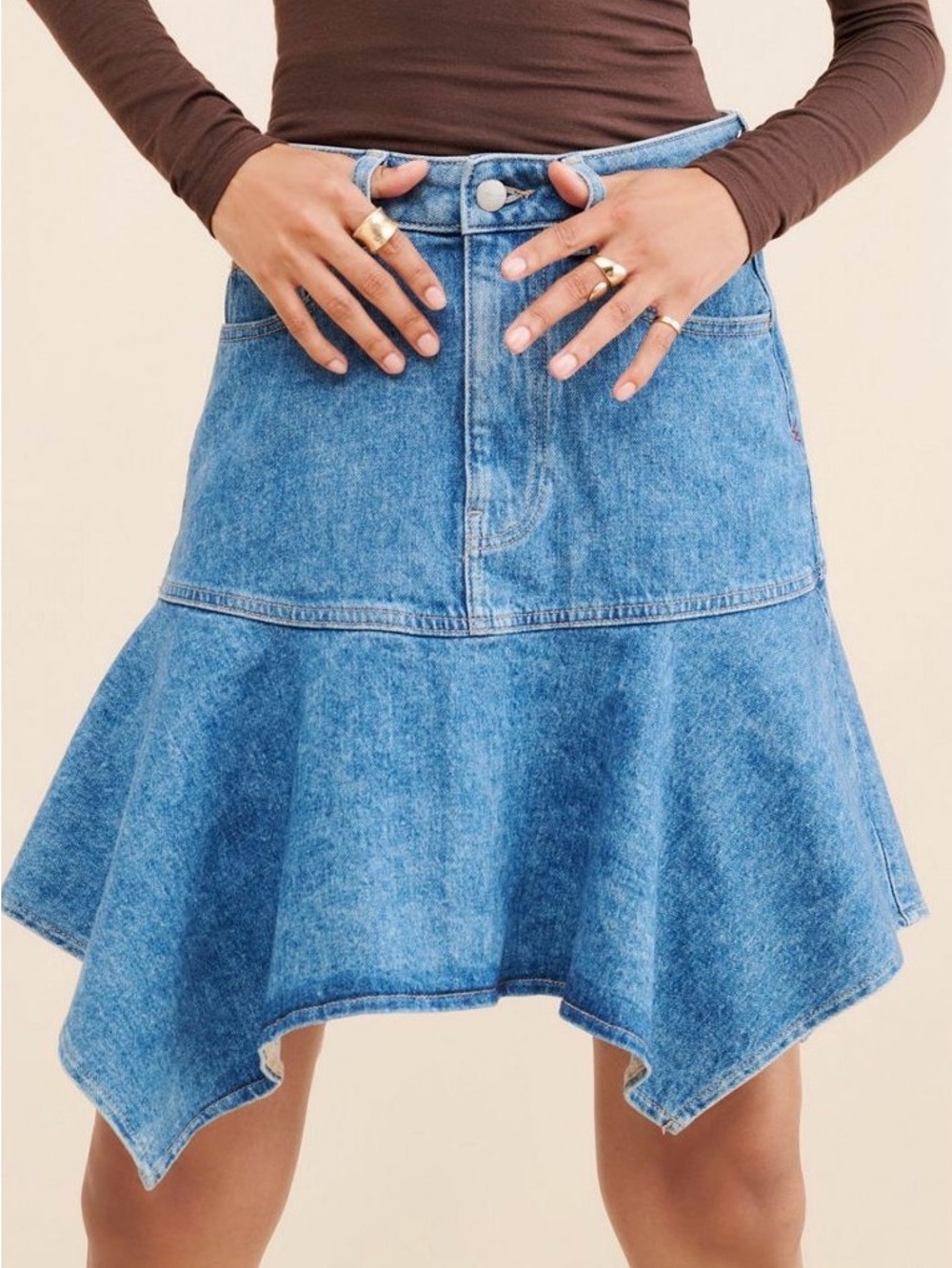 Warp + Weft Asymmetrical Denim Flared Skirt - Light Blue